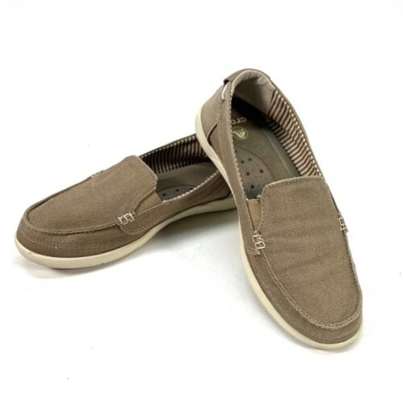 CROCS Shoes - CROCS Women's Walu Tan Canvas Loafers Boat Shoes Slip On Size W7